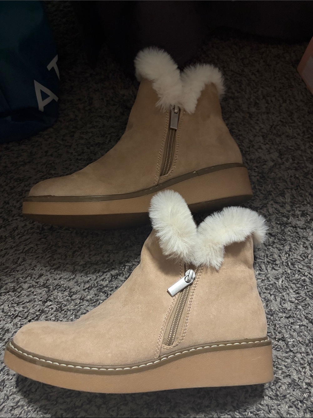 Women's Suede Faux-Fur Ankle Boots in Tan